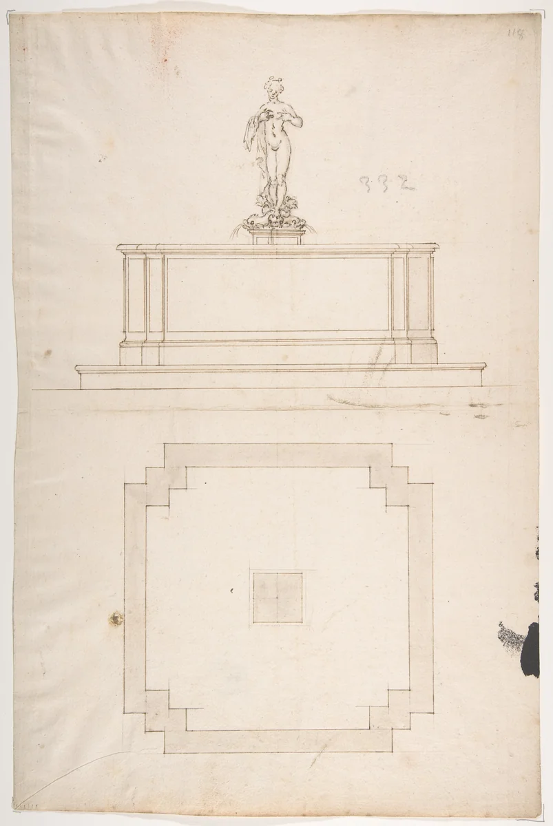 Plan and Elevation for a Fountain by anonymous, drawing, 1500-1599