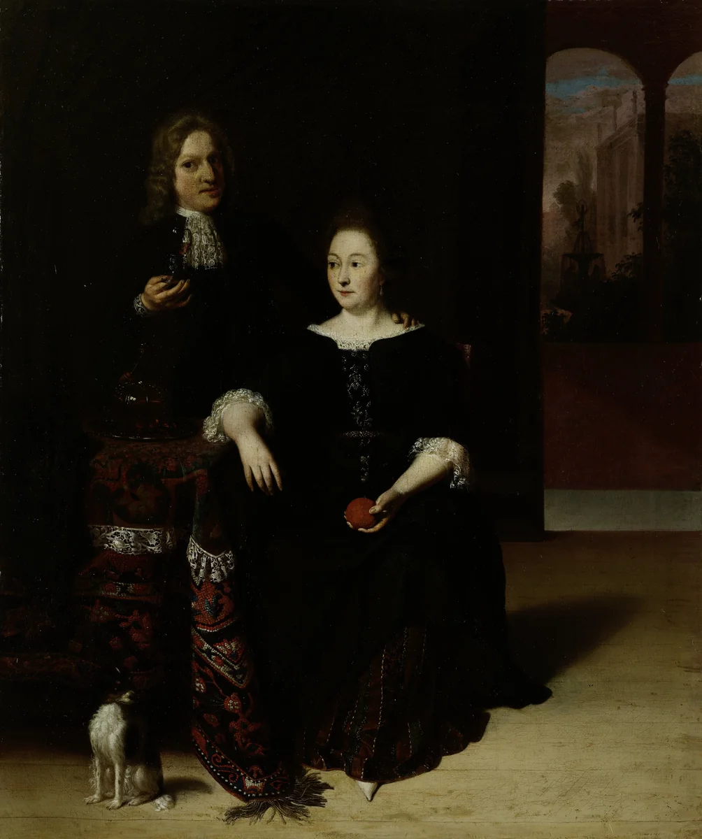Portrait of a Woman and a Man in an Interior by Matthias Wulfraet, painting, 1694
