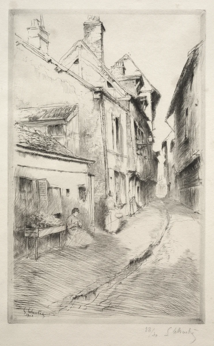 La rue de l'Ecole à Troyes by Gustave Leheutre, print, 1902
