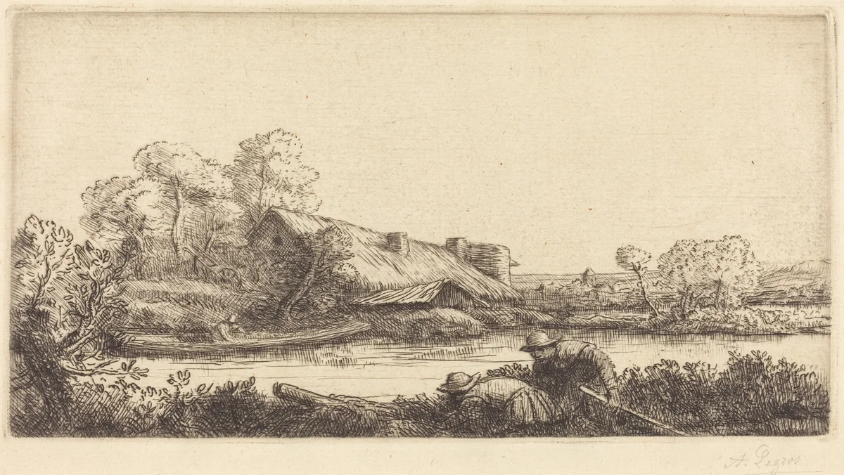 Farm along the River seen by Evening Light (La ferme sur la riviere: Effet du soir) by Alphonse Legros, print, 1837-1911