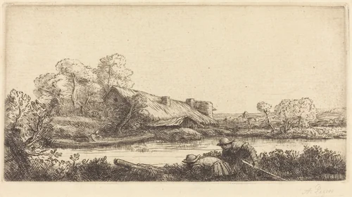 Farm along the River seen by Evening Light (La ferme sur la riviere: Effet du soir) by Alphonse Legros, print, 1837-1911