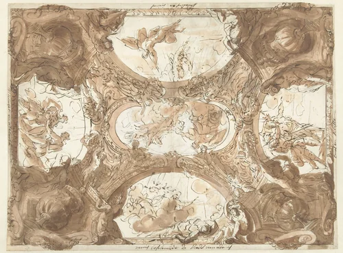 Ontwerp voor een plafond met vijf mythologische voorstellingen by Mattheus Terwesten, drawing, 1680-1757