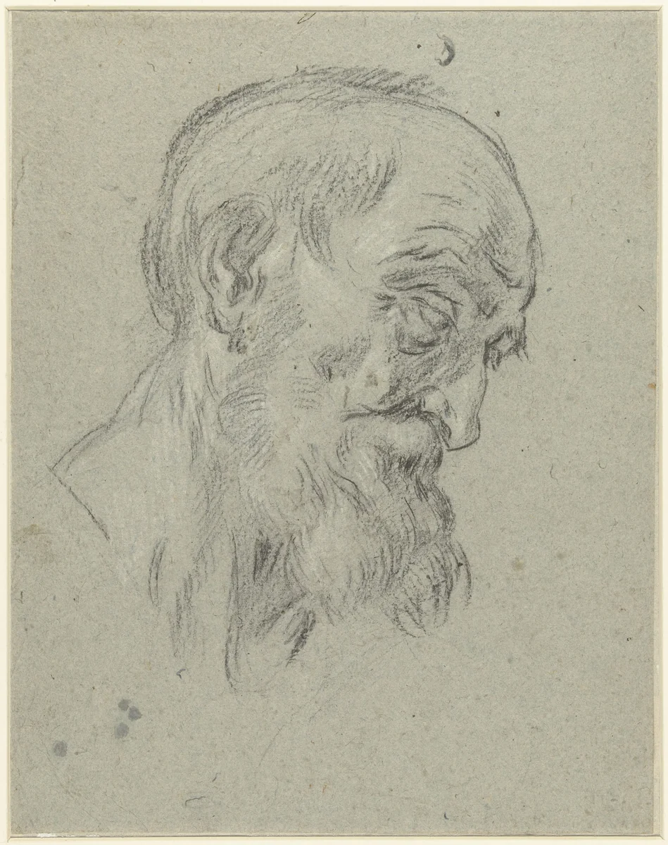 Hoofd van grijsaard, neerziend, en profil naar rechts by Alessandro Tiarini, drawing, 1587-1668