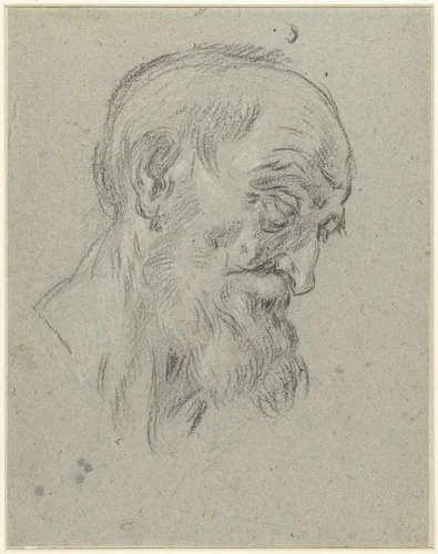 Hoofd van grijsaard, neerziend, en profil naar rechts by Alessandro Tiarini, drawing, 1587-1668