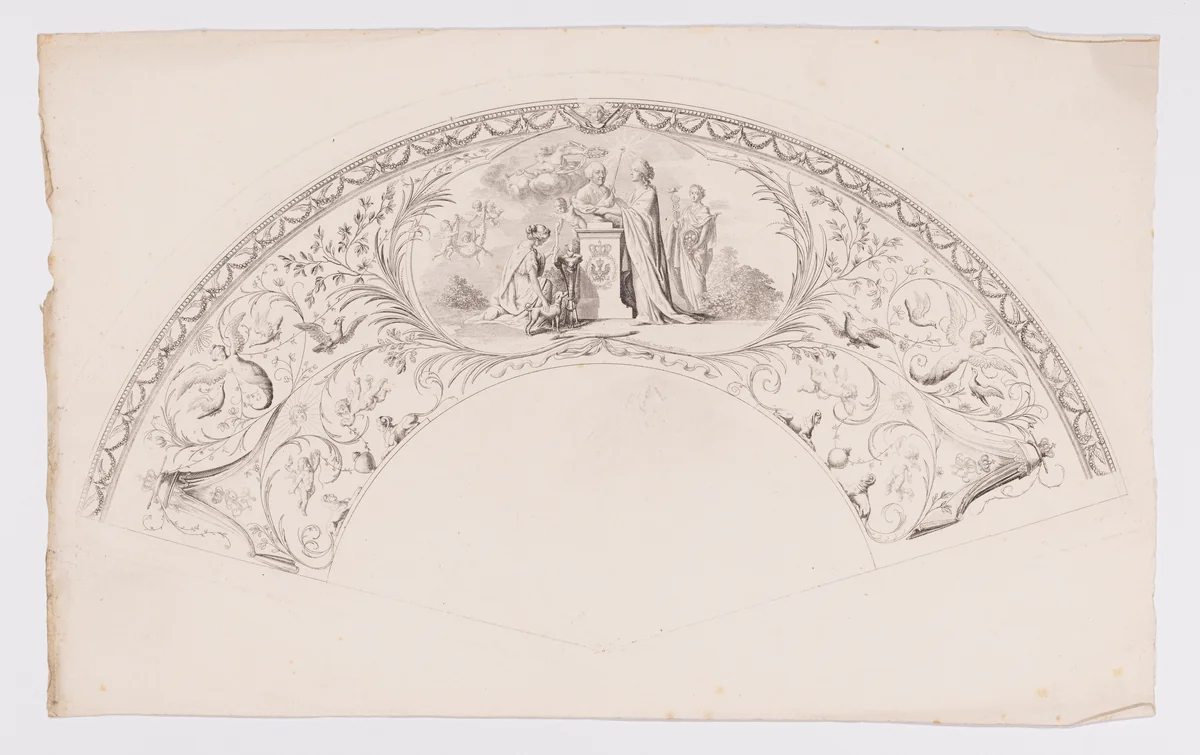 Fan leaf with allegory showing a bust of Friedrich Wilhelm II being crowned by Fame by Daniel Nikolaus Chodowiecki, print, 1787