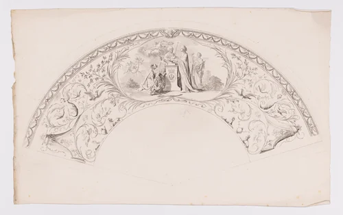 Fan leaf with allegory showing a bust of Friedrich Wilhelm II being crowned by Fame by Daniel Nikolaus Chodowiecki, print, 1787