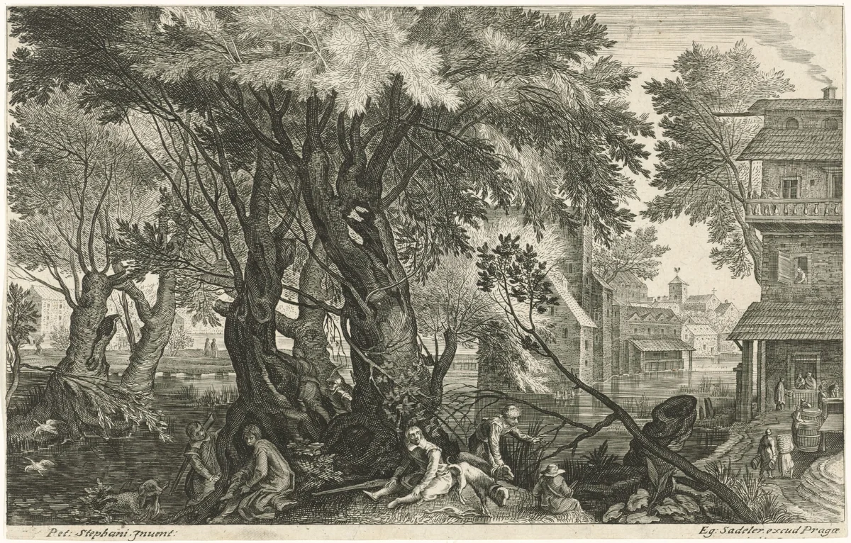 Rustende jagers bij een bomengroep by Aegidius Sadeler, print, 1597-1629