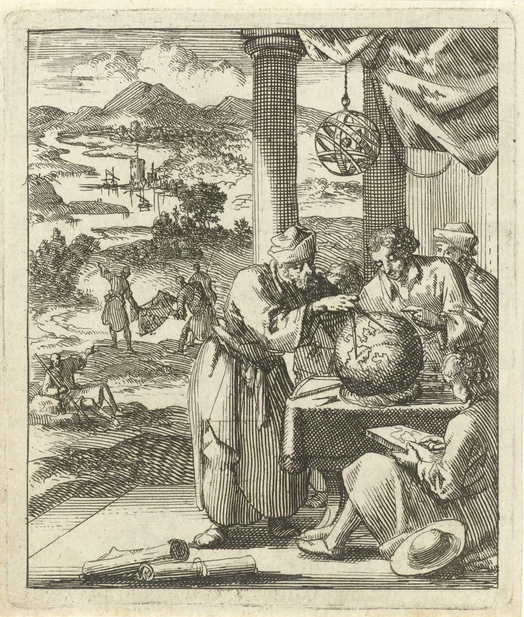 Bejaarde man maakt voor een viertal jonge figuren afmetingen op een aardglobe by Jan Luyken, print, 1689
