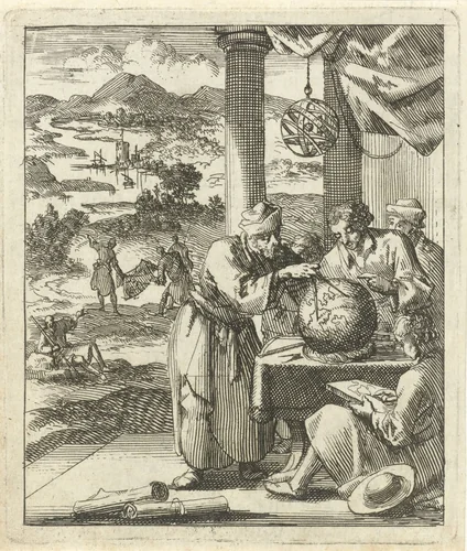 Bejaarde man maakt voor een viertal jonge figuren afmetingen op een aardglobe by Jan Luyken, print, 1689