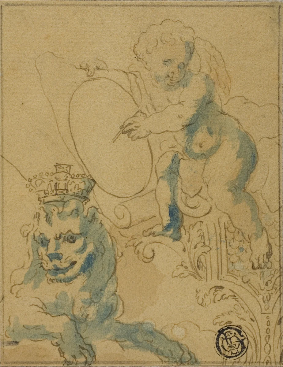 Section of Ceiling Decoration with Cupid with Scroll and Lion with Crown by Unknown Artist, drawing, 1600-1699