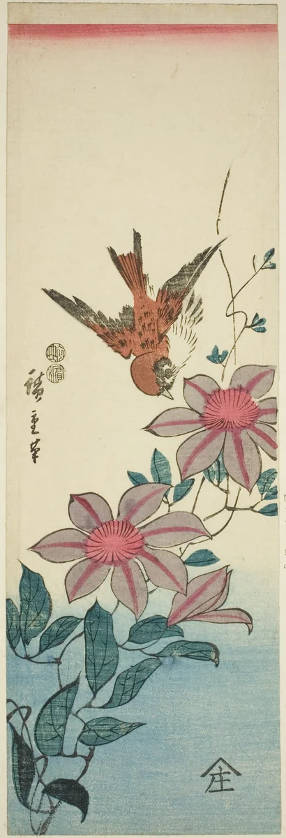 Sparrow and clematis by Utagawa Hiroshige (歌川広重), print, 1842-1857