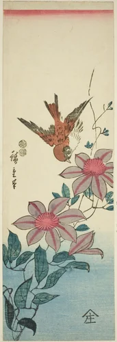 Sparrow and clematis by Utagawa Hiroshige (歌川広重), print, 1842-1857