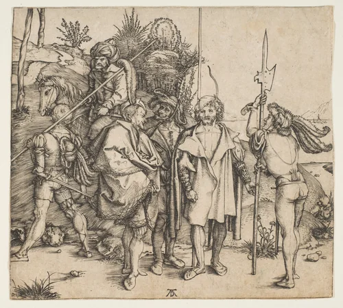 Five Foot Soldiers and a Mounted Turk by Albrecht Dürer, print, 1495