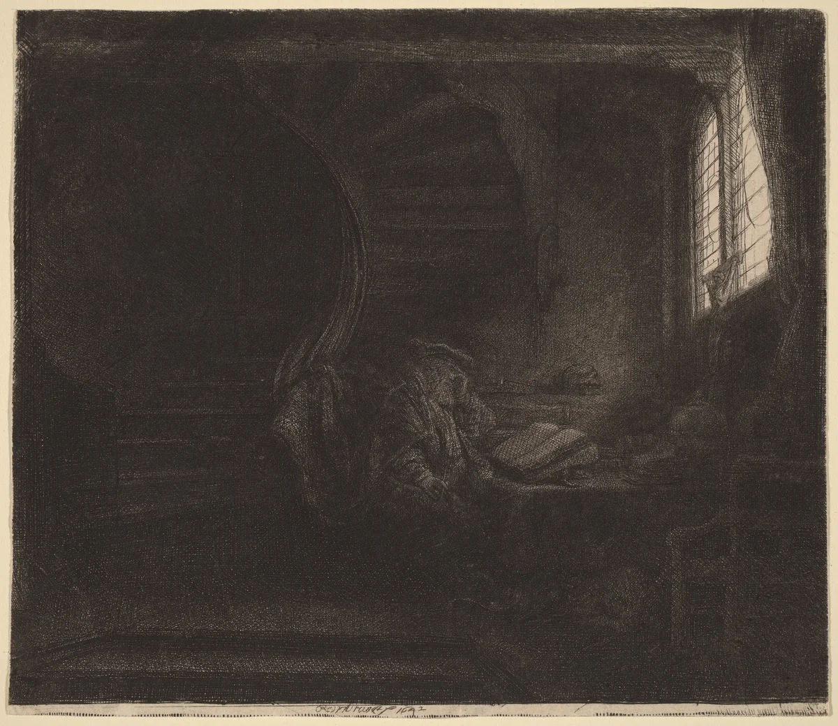 Saint Jerome in a Dark Chamber by Rembrandt van Rijn, print, 1642