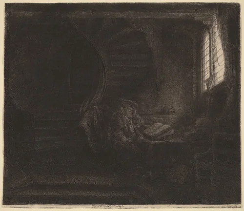Saint Jerome in a Dark Chamber by Rembrandt van Rijn, print, 1642