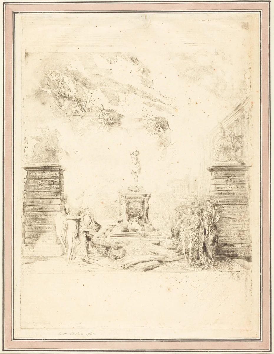 Allégorie sur l'Erection de la Statue de Louis XV (Allegory on the Establishment of a Statue of Louis XV) by Gabriel de Saint-Aubin, print, 1763