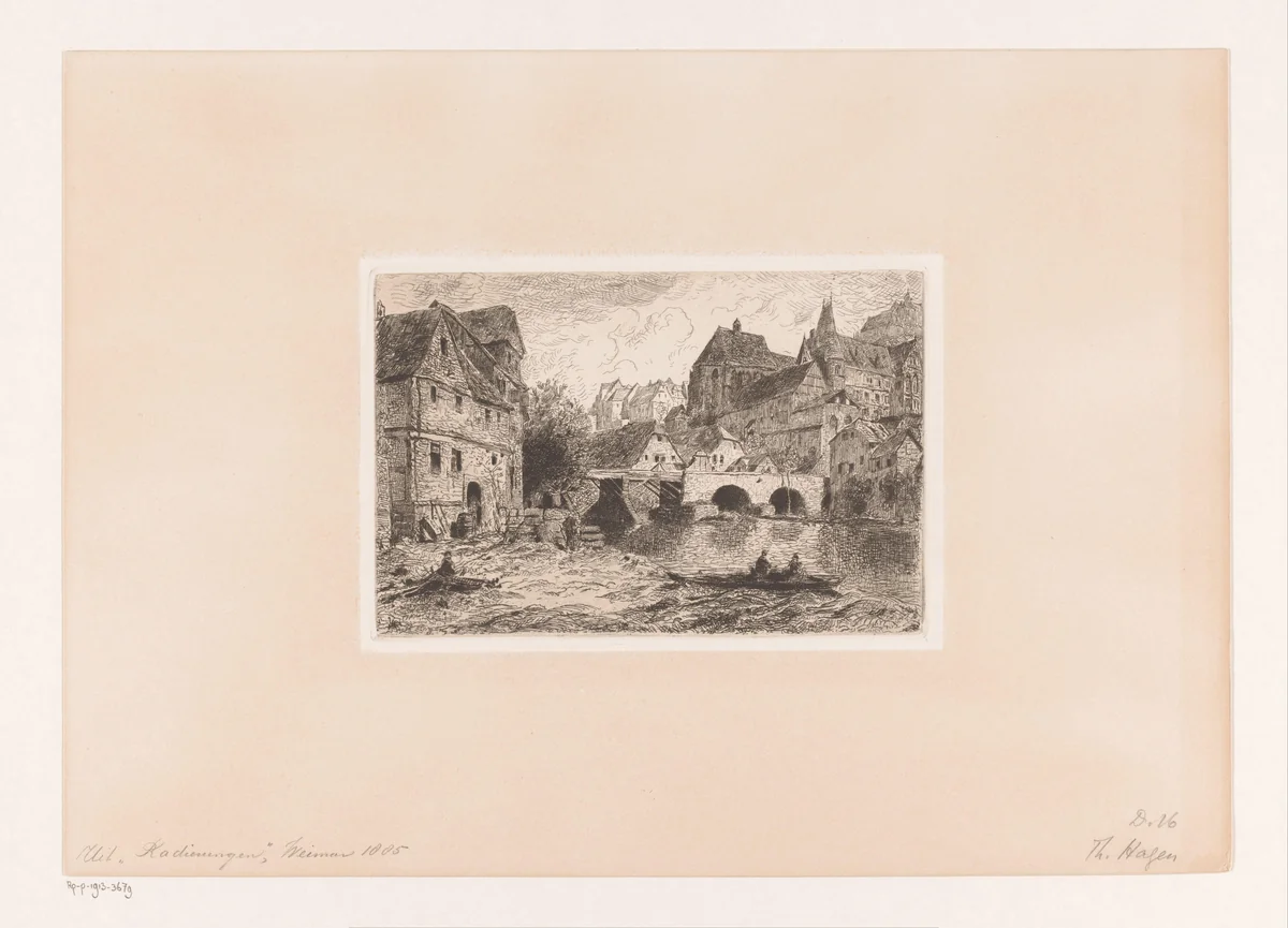 Stadsgezicht met rivier by Theodor Hagen, print, 1885