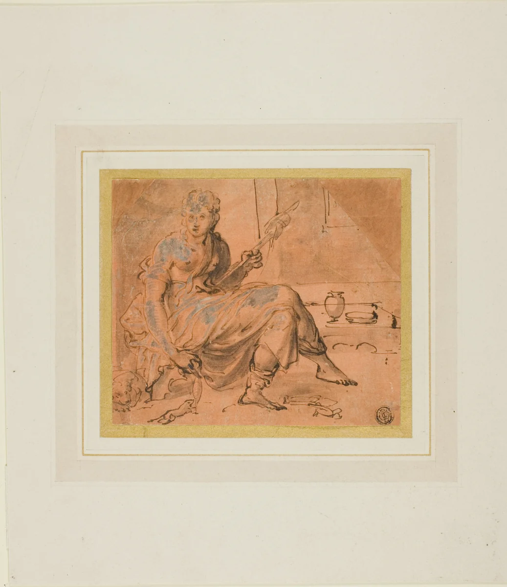 Seated Woman with Spindle by Francesco de'Rossi, drawing, 1530-1563