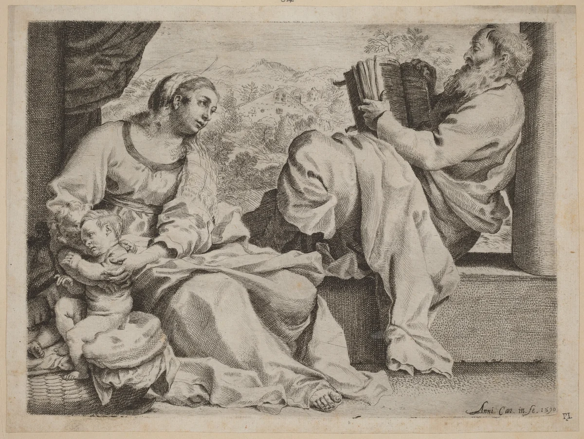 The Holy Family with Saint John the Baptist by Annibale Carracci, print, 1590