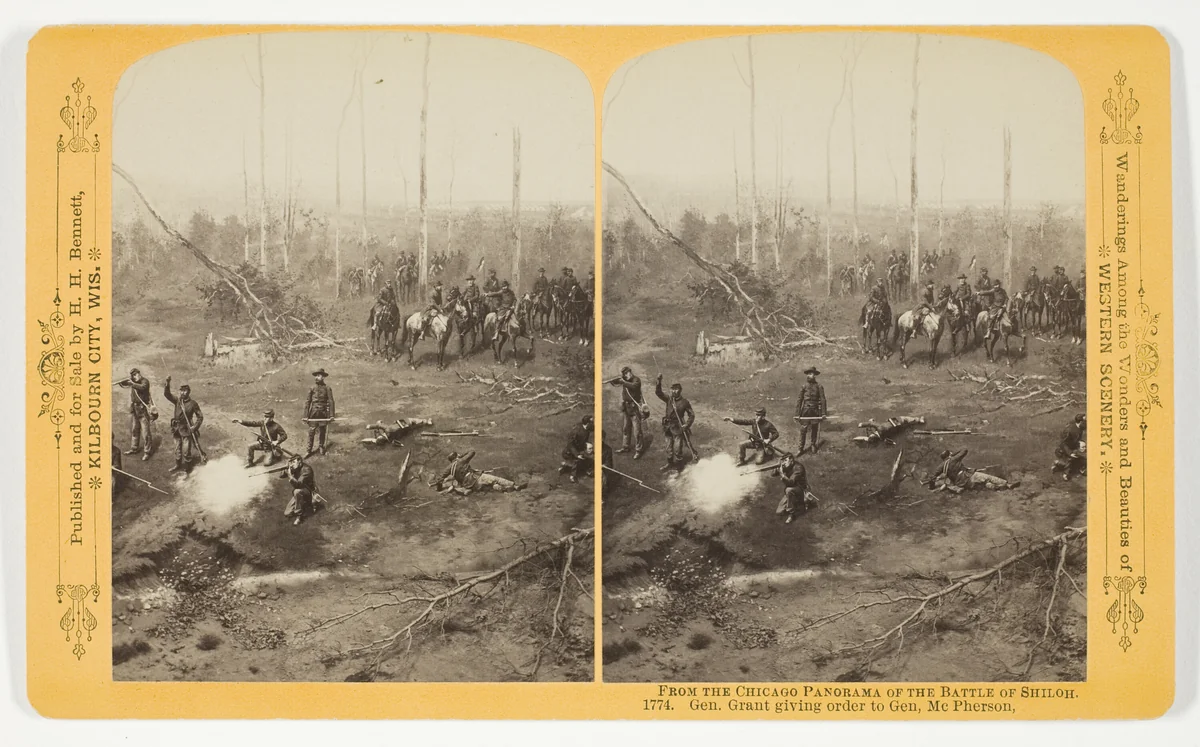 Gen. Grant giving order to Gen. McPherson, from the series "The Chicago Panorama of the Battle of Shiloh" by Henry Hamilton Bennett, photograph, 1887