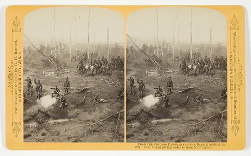 Gen. Grant giving order to Gen. McPherson, from the series "The Chicago Panorama of the Battle of Shiloh" by Henry Hamilton Bennett, photograph, 1887