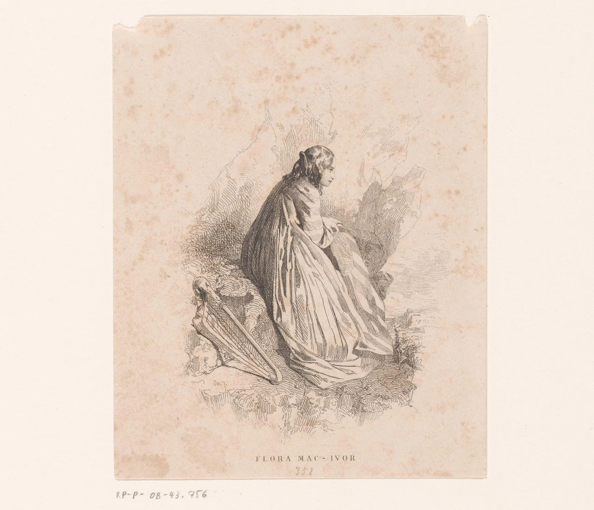 Vrouw met lier op een rots by Charles Emile Jacque, print, 1844