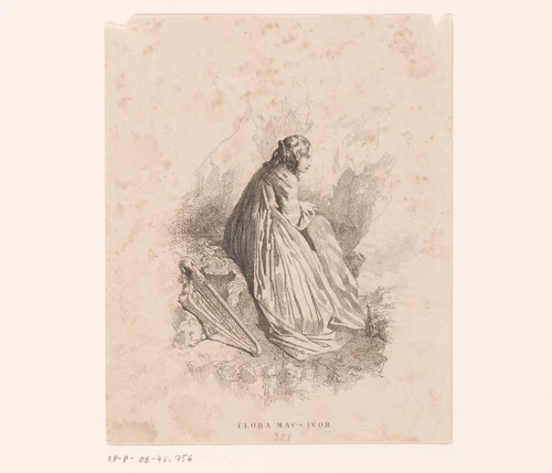 Vrouw met lier op een rots by Charles Emile Jacque, print, 1844