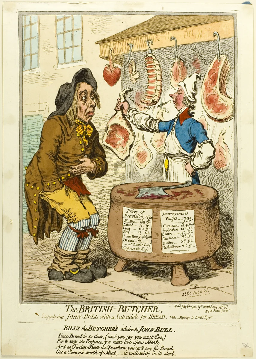 The British Butcher, Supplying John Bull with a Substitute for Bread by James Gillray, print, 1795