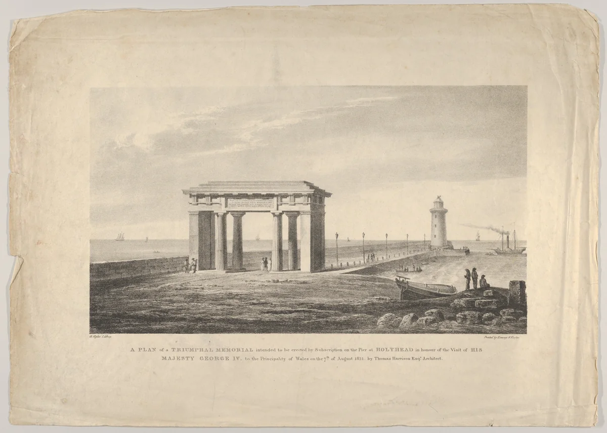 A Plan of a Triumphal Memorial....at Holyhead in honour of the visit of His Majesty George IV to the Principality of Wales on the 7th of August, 1821 by Thomas Harrison Esq. Architect by Augostino Aglio, print, 1817-1827