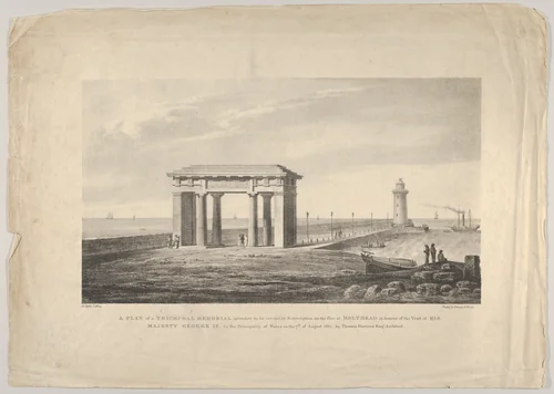 A Plan of a Triumphal Memorial....at Holyhead in honour of the visit of His Majesty George IV to the Principality of Wales on the 7th of August, 1821 by Thomas Harrison Esq. Architect by Augostino Aglio, print, 1817-1827