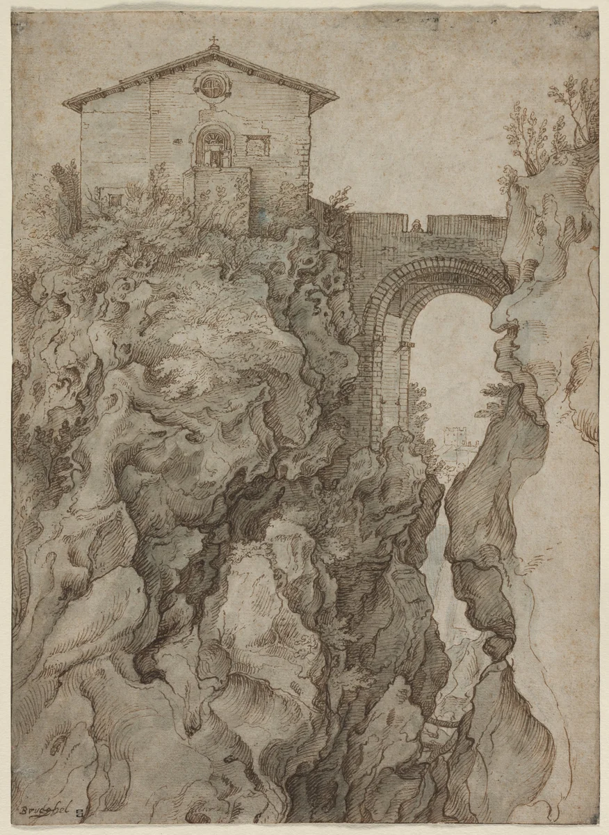 Ponte San Rocco at Tivoli by Guilliam van Nieulandt, drawing, 1600-1636