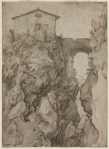 Ponte San Rocco at Tivoli by Guilliam van Nieulandt, drawing, 1600-1636