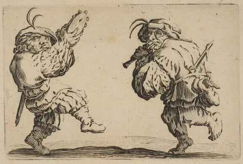 Les Danseurs a la Flute et au Tambourin (Two Dancers Playing the Flute and the Tambourine), from "Les Caprices" Series B, The Nancy Set by Jacques Callot, print, 1617-1620