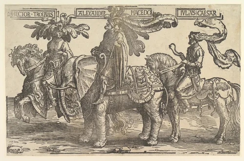 Hector, Alexander, Julius Caesar, from the Nine Heroes by Lucas van Leyden, print, 1515-1525