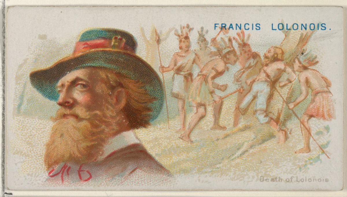 Francis Lolonois, Death of Lolonois, from the Pirates of the Spanish Main series (N19) for Allen & Ginter Cigarettes by Allen & Ginter, print, 1886-1891