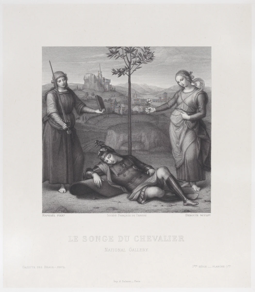 Vision of a Knight (Le Songe du Chevalier), from "Gazette des Beaux-Arts" by Jean-Baptiste Danguin, print, 1845-1894