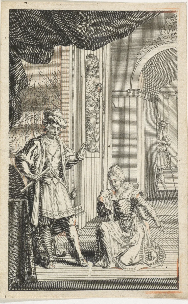 Vrouw knielt voor een voorname heer by Jan Wandelaar, print, 1722-1723