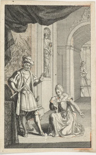 Vrouw knielt voor een voorname heer by Jan Wandelaar, print, 1722-1723