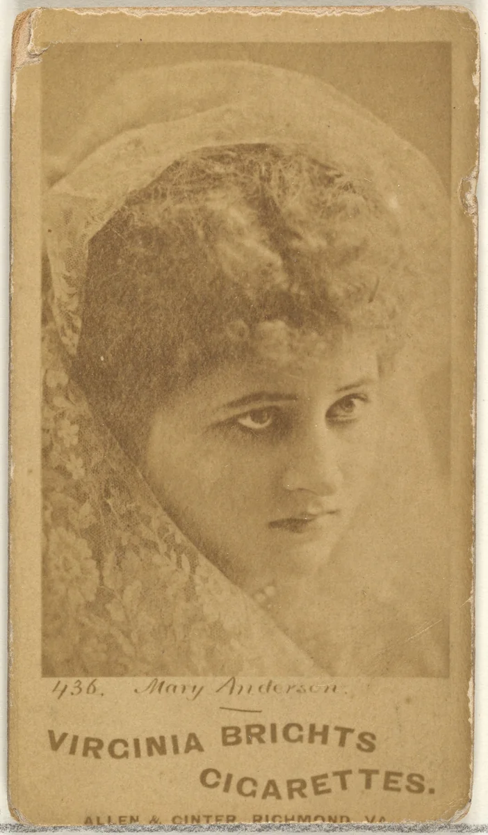 Card 436, Mary Anderson, from the Actors and Actresses series (N45, Type 1) for Virginia Brights Cigarettes by Allen & Ginter, photograph, 1885-1891