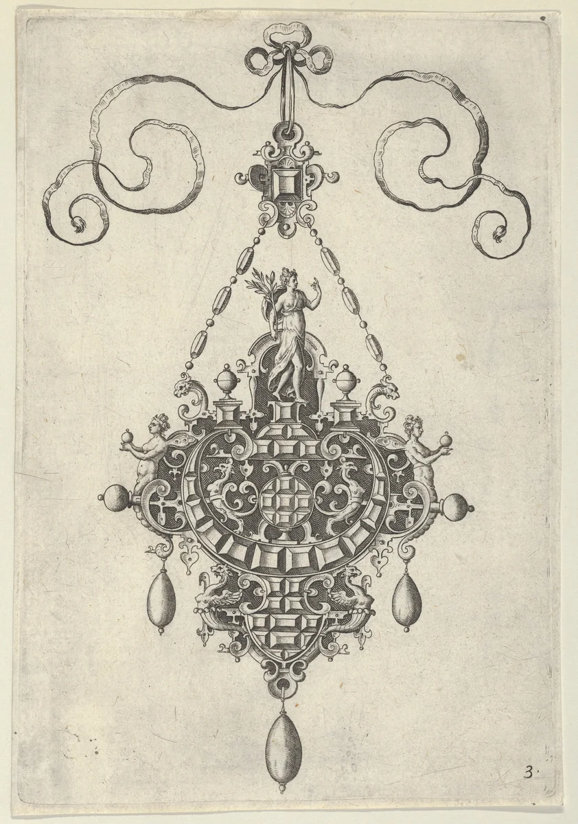 Pendant Design with Pax Standing Before an Arch by Jan Collaert, print, 1581-1636