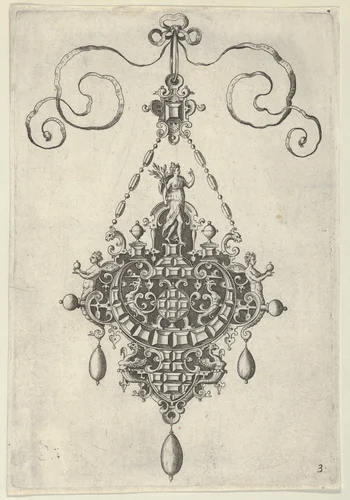 Pendant Design with Pax Standing Before an Arch by Jan Collaert, print, 1581-1636