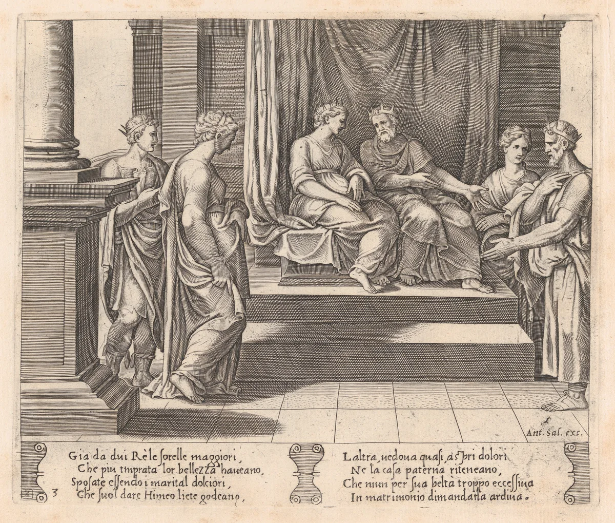 Plate 3: Psyche's two sisters are married to kings, with Psyche standing at left, accompanied by another king, from "The Story of Cupid and Psyche as told by Apuleius" by Master of the Die, print, 1530-1560
