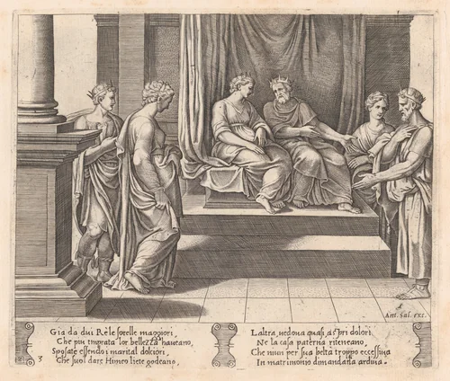 Plate 3: Psyche's two sisters are married to kings, with Psyche standing at left, accompanied by another king, from "The Story of Cupid and Psyche as told by Apuleius" by Master of the Die, print, 1530-1560