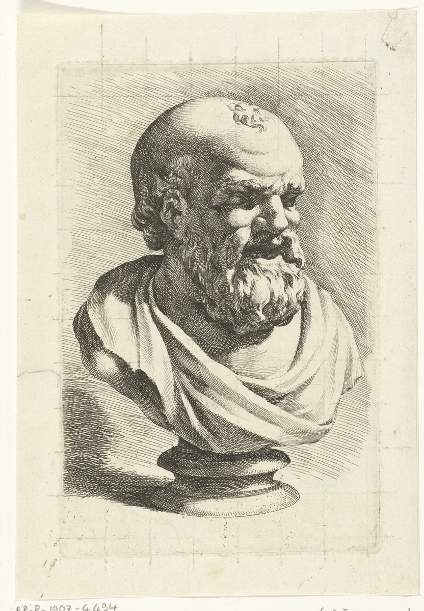 Portretbuste van Democritus by Jan de Bisschop, print, 1666-1671