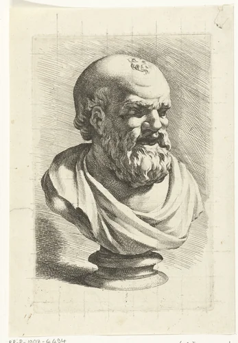 Portretbuste van Democritus by Jan de Bisschop, print, 1666-1671