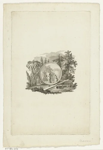 Vignet met Christus bij treurende Maria Magdalena na zijn opstanding in medaillon bij drie lijdenswerktuigen in landschap by Leendert Brasser, print, 1727-1793