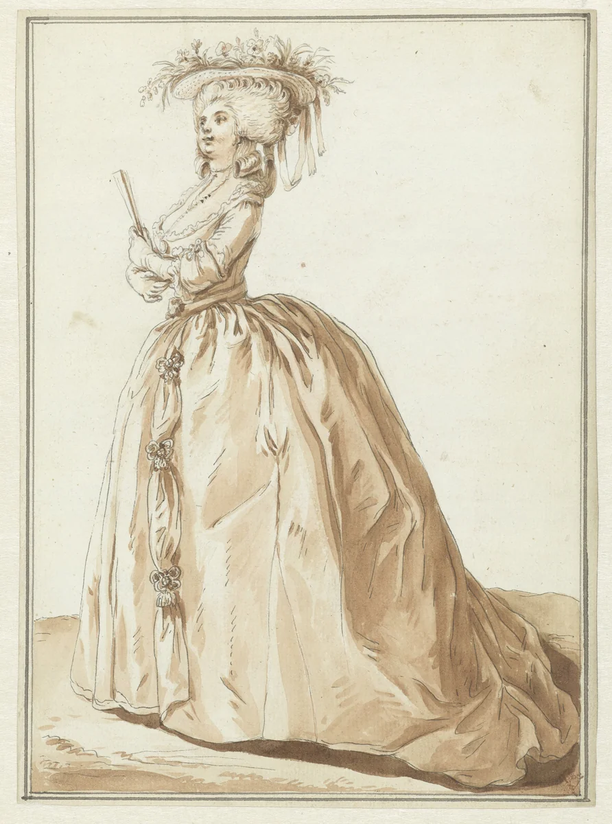 Staande dame met waaier by Pierre Thomas Le Clerc, drawing, 1784