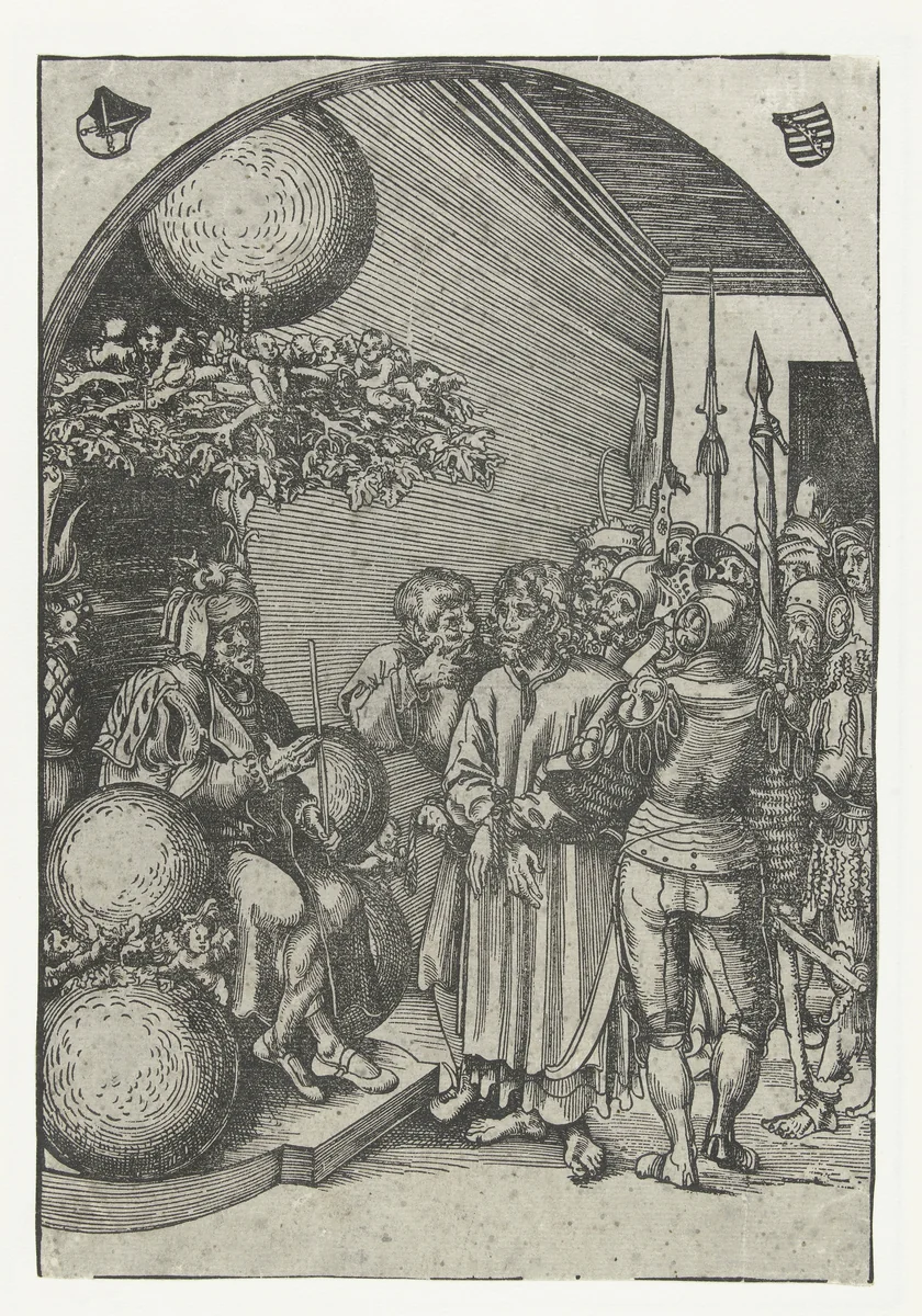 Christus voor Herodes geleid by Lucas Cranach, print, 1509