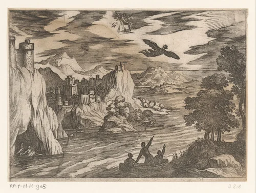 Landschap met de val van Icarus by Antonio Tempesta, print, 1565-1630