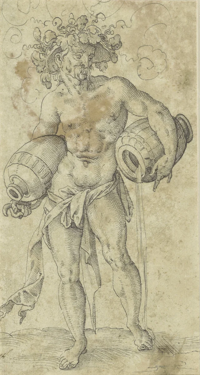 Naakte man met een door wijnloof omkranste hoed by Unknown, drawing, 1549-1591